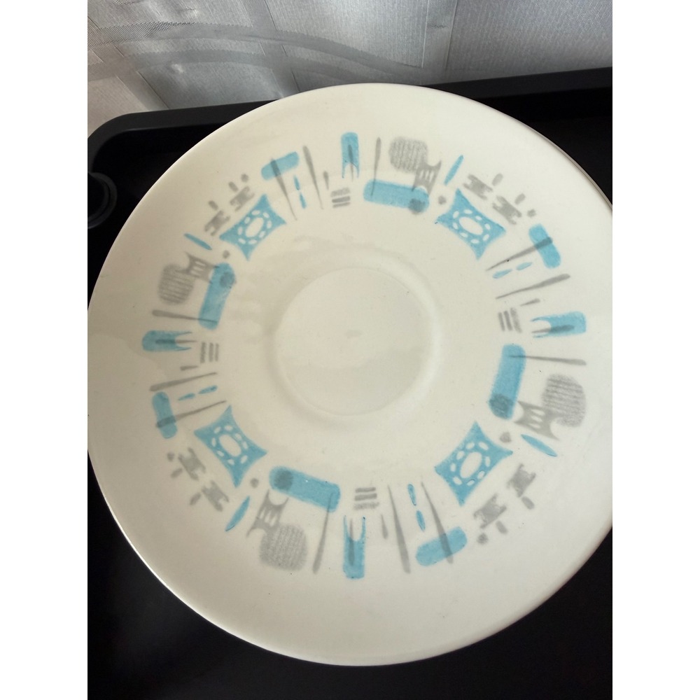 Vintage MCM Royal China Blue Heaven Starburst Saucer Plates Turquoise Grey Set 4